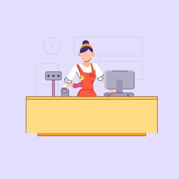 身穿红色制服的收银员站在超市的收银台后面，扶着接待员。矢量平面现代插图。空缺卖家，现金箱和收银机。图片下载