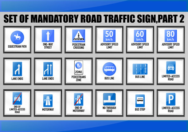 设置警告、通知、强制、禁止、优先道路交通标志为教育、学习为驾驶执照的课程。限速，人行横道，公交线路，高速公路图片下载