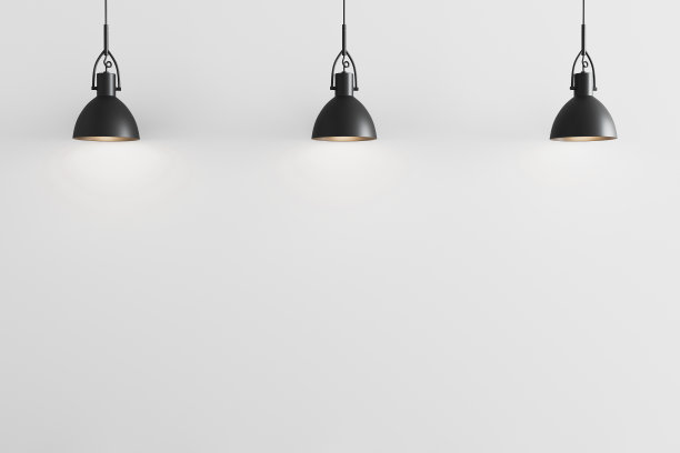 三个黑色吊灯在白墙背景上，天花灯，白墙与吊灯模型，3d渲染图片下载