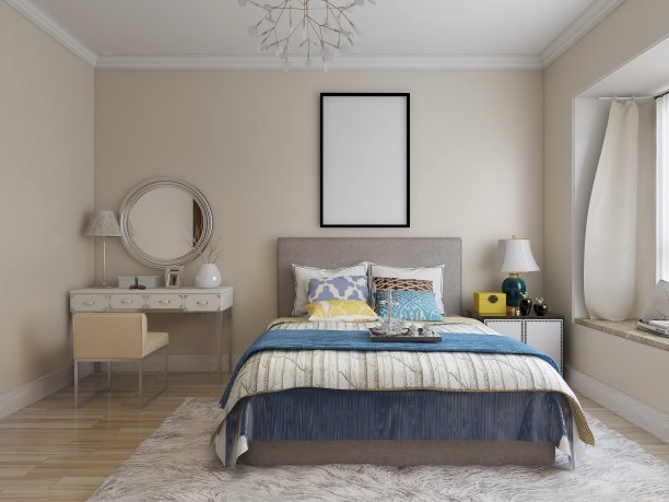 3D效果图，优雅宽敞的现代公寓卧室设计，大床旁边的大衣柜，配有梳妆台和绿色植物图片下载