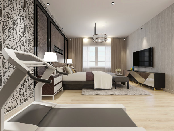 3.3三维渲染，现代公寓中优雅宽敞的卧室设计，大床旁边有大衣柜，还配有跑步机、电视和电视柜图片下载