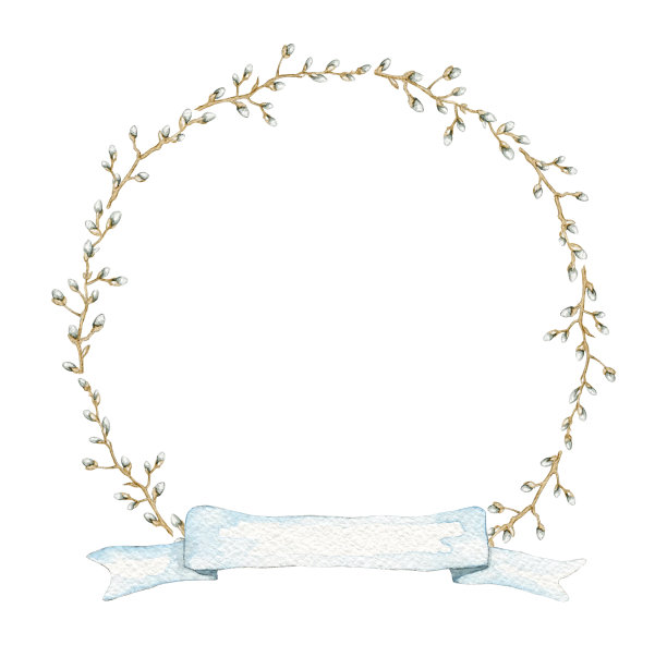 水彩画圆框与春天的枝条猫咪柳条和蓝色的横幅卷轴素材图片