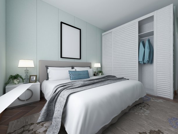 3D效果图，优雅宽敞的现代公寓卧室设计，大床旁边的大衣柜，配有梳妆台和绿色植物图片下载