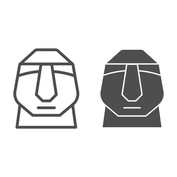 复活节岛的石像线和固体图标。复活节岛提基头像轮廓造型象形图上白色背景。智利波利尼西亚雕塑的移动概念和网页设计。矢量图形。图片下载