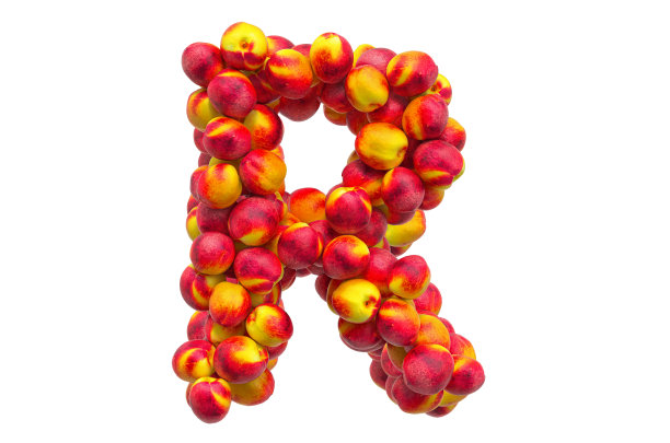 字母R从油桃或桃子，3D渲染孤立在白色背景图片下载