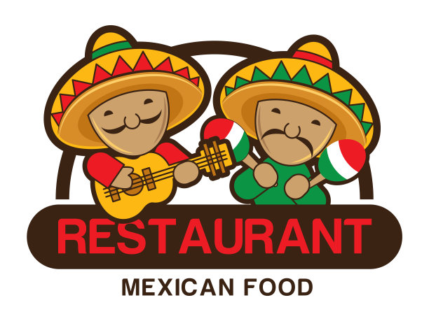 两个有趣的红绿墨西哥人弹着吉他和沙球，餐厅的招牌图片下载