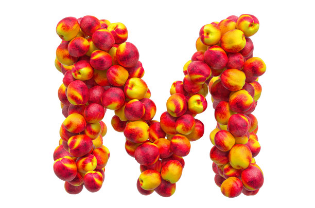 字母M从油桃或桃子，3D渲染孤立在白色背景图片下载