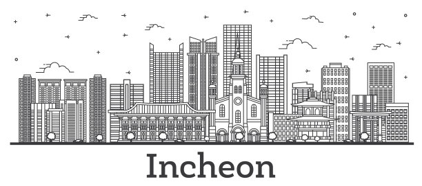 韩国仁川市的天际线勾勒出白色孤立的现代建筑。图片下载