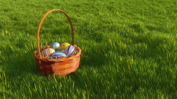 绿草成荫，篮子里放着五颜六色的复活节彩蛋图片下载