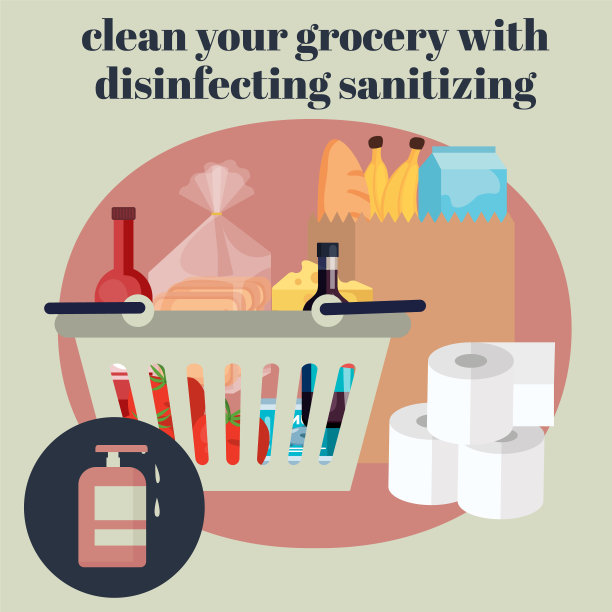 清洁你的杂货店。冠状病毒在收到快递后戴着手套擦拭杂货包装，使用消毒消毒湿巾擦拭表面清洁。图片下载