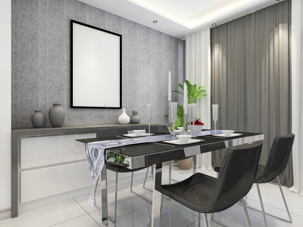 3D渲染，宽敞的餐厅设计旁边的现代厨房，与美丽的餐桌和绿色植物图片下载