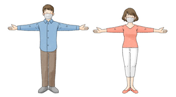 社交距离(2人，双臂伸展，戴着医用口罩)图片下载