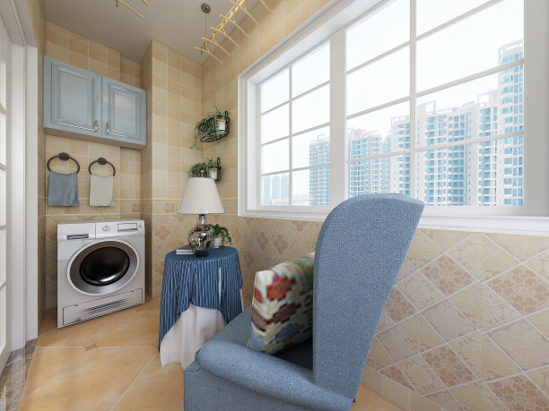 3D效果图，宽敞明亮的城市住宅封闭式阳台设计，绿色植物和家用电器看起来休闲舒适图片下载