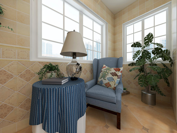3D效果图，宽敞明亮的城市住宅封闭式阳台设计，绿色植物和家用电器看起来休闲舒适图片下载