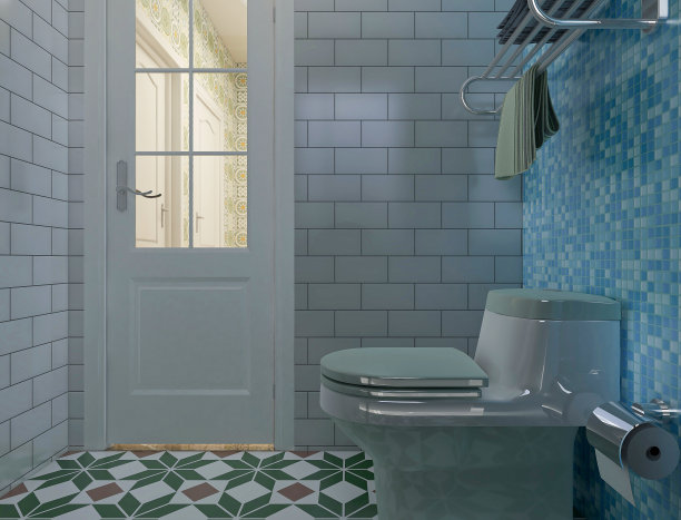 3D效果图，洁净现代住宅浴室及卫生间设计，配备盥洗台、卫生间、淋浴设备等。图片下载