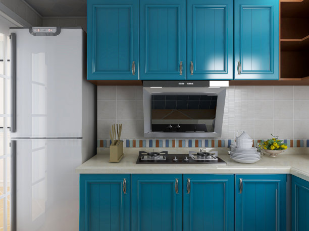 3D效果图，现代家庭厨房设计，新橱柜和带有冰箱的厨房用具，阳光透过窗户。图片下载