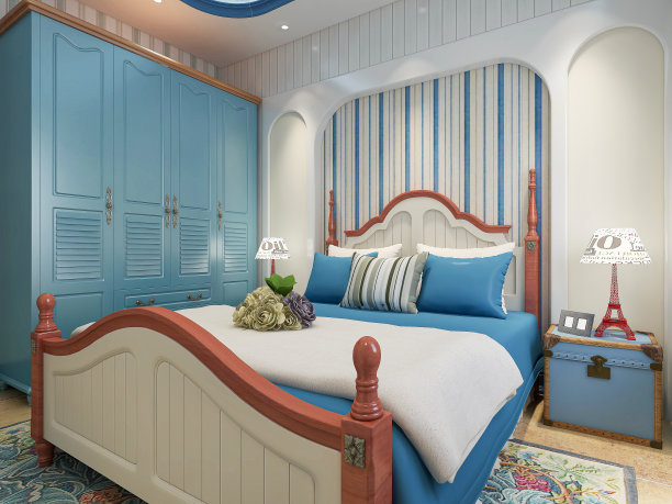 3D渲染，优雅宽敞的卧室设计在一个蓝色地中海风格的公寓，大床旁边有一个大衣柜和梳妆台图片下载