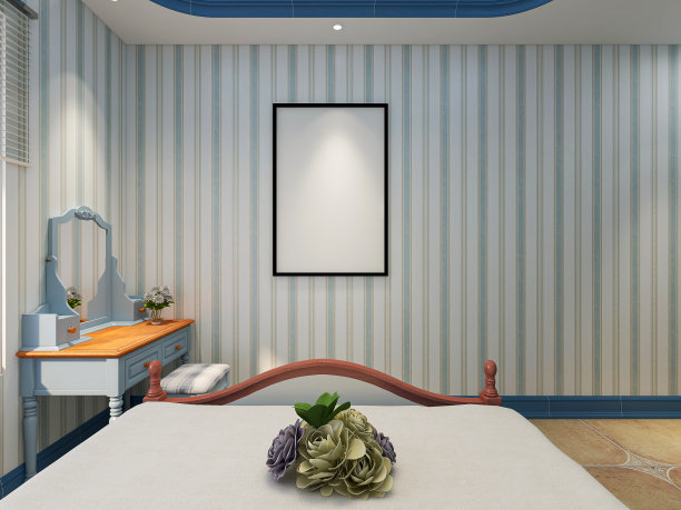 3D渲染，优雅宽敞的卧室设计在一个蓝色地中海风格的公寓，大床旁边有一个大衣柜和梳妆台图片下载