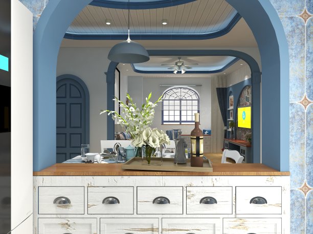 3D渲染，蓝色地中海家庭家庭厨房设计，新的橱柜和带有冰箱的厨房用具，阳光透过窗户照射进来图片下载