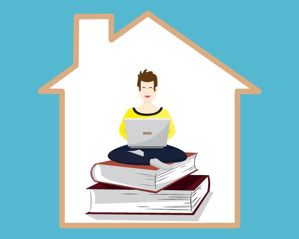 远程教育，在线教育，在家办公。在线教育理念横幅、矢量、图形图片下载