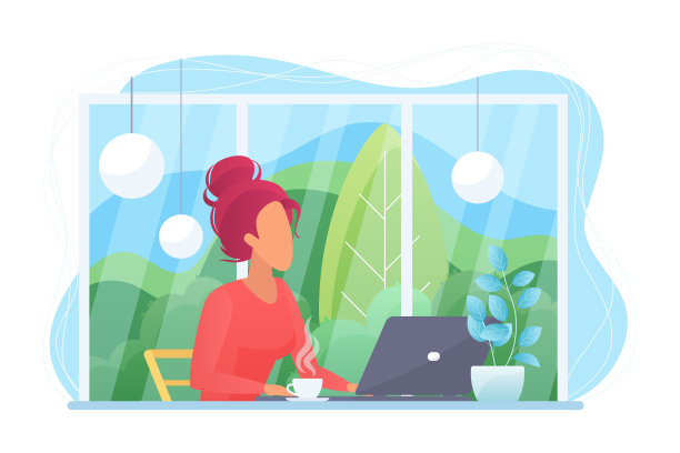 女人与笔记本电脑在咖啡馆平面矢量插图图片下载