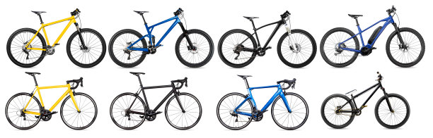 集合了各种型号的自行车和电动自行车。黄黑蓝山地车，赛车运动碳循环，耐力全悬架和电池动力踏板隔离白色背景图片下载