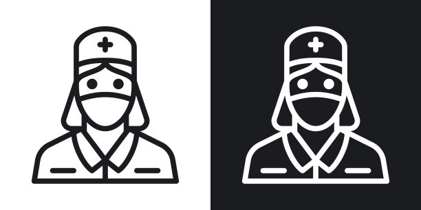 护士，医生或医务人员图标。穿着医用口罩和医用袍的年轻女子。简单的双色调矢量插图上的黑白背景图片下载