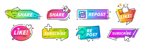 喜欢和分享横幅。社交媒体上的点赞分享和转发按钮用于视频博客、博客和视频频道。向量社交媒体营销图片下载