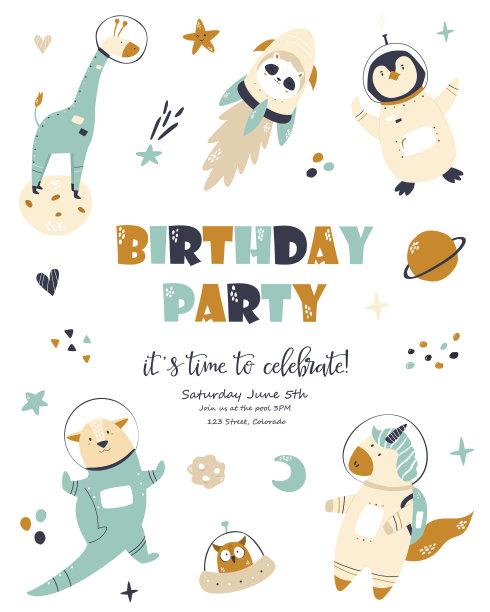 可爱动物的生日卡片。问候海报，邀请模板图片下载