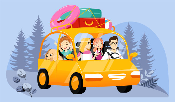 家庭度假冒险概念。幸福家庭一起开车旅行。父亲，母亲，女儿，儿子和狗。美丽的山脉景观。卡通平面风格矢量插图图片下载