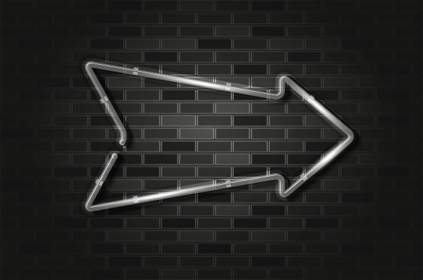 指针箭头在黑色砖墙上闪烁着白光、霓虹灯或LED灯条。现实的矢量艺术图片下载
