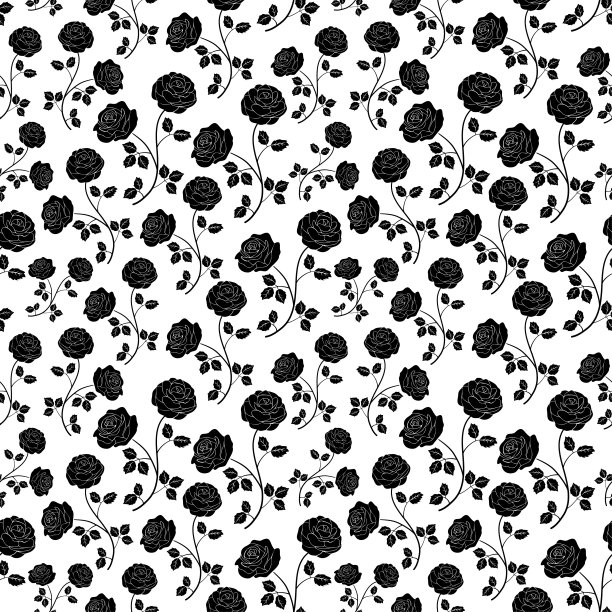 玫瑰花黑白无缝图案向量花卉剪影背景图片下载
