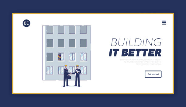 网站登录页面。工头和带蓝图的建筑师就在建房屋的背景达成协议并握手言和。网页卡通线性轮廓平面风格矢量插图图片下载