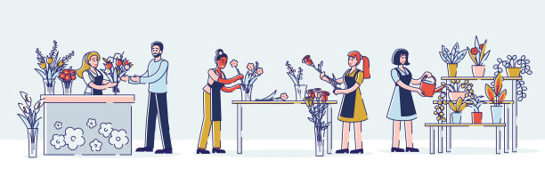 花店概念。女人在商店里制作和出售漂亮的花束。男人顾客买花给母亲，妻子或女朋友。卡通线性轮廓扁平风格。矢量图图片下载