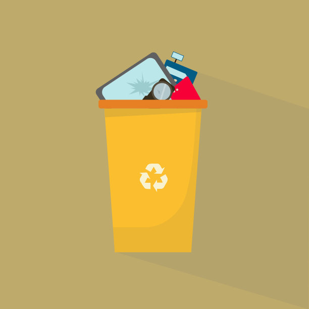 技术的垃圾回收。彩色背景，插图，装有破损电器装置的垃圾桶图片下载