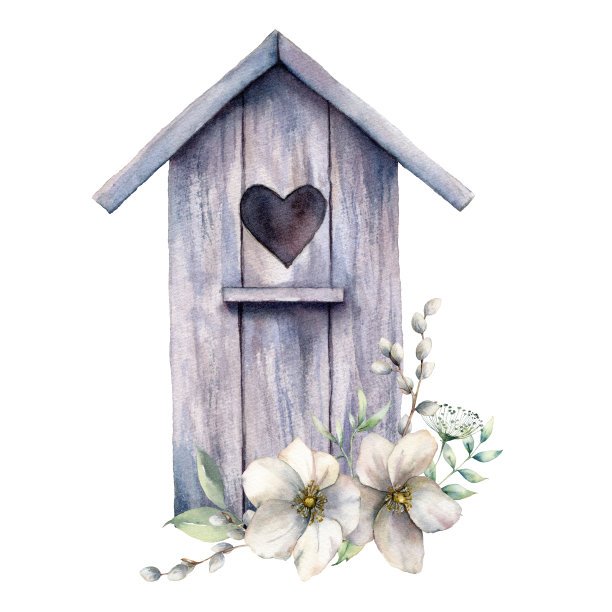 水彩卡鸟屋和海葵花束。春天的插图与花和柳树孤立在一个白色的背景。设计、印花或织物的自然景观。复活节模板。图片下载