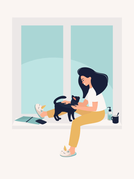 一个年轻的女人坐在窗户上，在家里和一只猫玩。检疫冠状病毒的概念图片下载