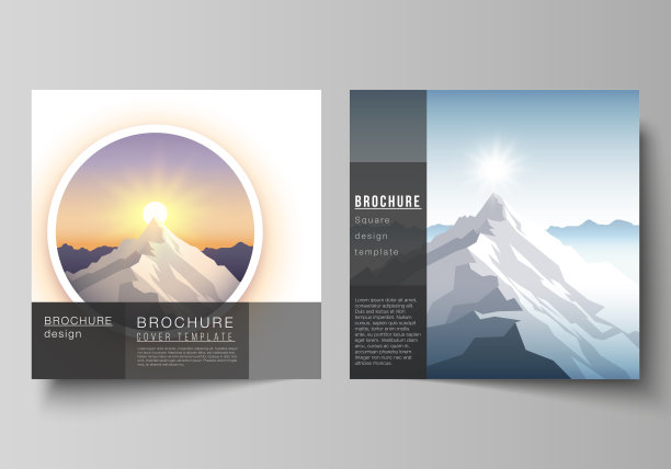 最小矢量布局的两方格式涵盖设计模板的小册子，传单，杂志。高山插图，户外探险。旅游概念的背景。平面设计向量。图片下载