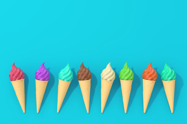 一排华夫脆皮软冰淇淋。3d渲染图片下载