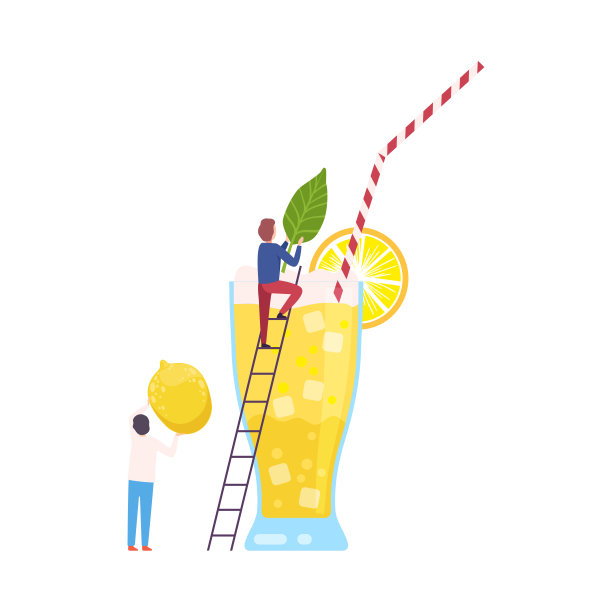 小人们制作鸡尾酒，年轻人把薄荷叶和柠檬与果汁和吸管，冷甜的夏季饮料矢量插图图片下载