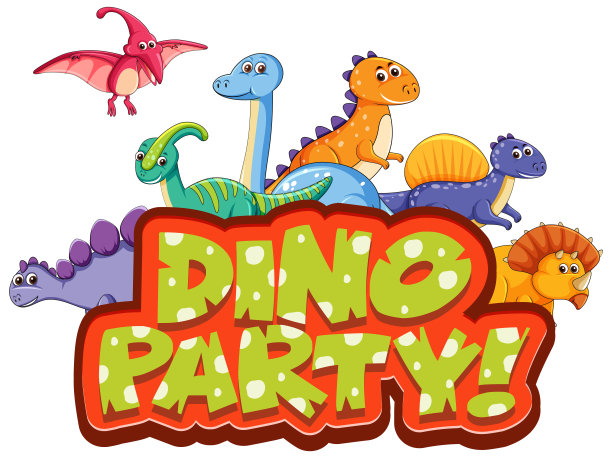 字体设计的字恐龙派对与许多恐龙在白色的背景图片下载