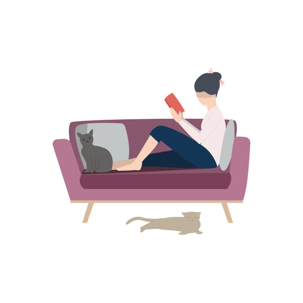 年轻女子在沙发上看书在猫扁平图标图片下载