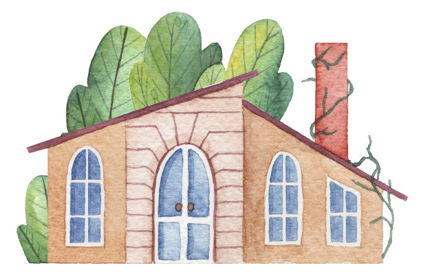 水彩手绘郊区住宅花园和乡村立面图片下载