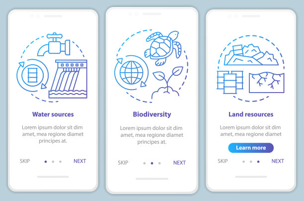 地球资源登陆移动应用程序页面屏幕矢量模板。水源,生物多样性。用蓝色的线性插图演练网站步骤。UX, UI, GUI智能手机界面概念图片下载