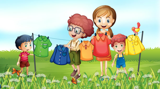 自然场景背景与家人在花园里洗衣服图片下载