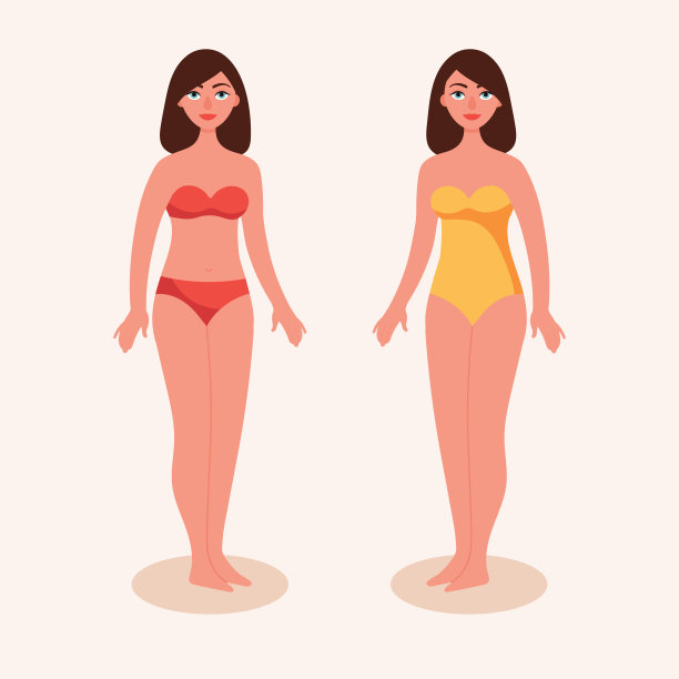 穿着泳衣的女孩。穿着比基尼的黑发女人。丰满的女性身材。两种泳衣。平面向量插图。图片下载