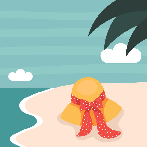 草帽与红色圆点丝带。在海边度假的概念。平面矢量图例图片下载