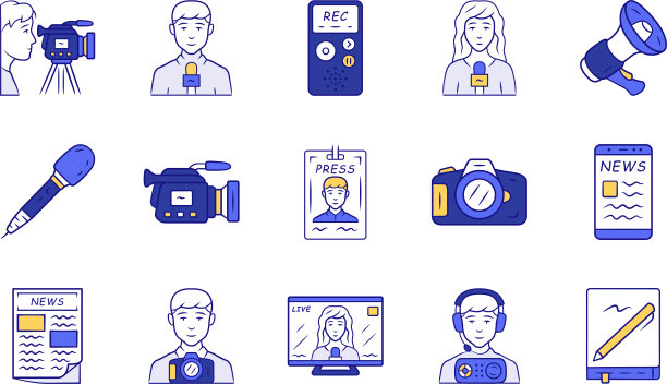 大众媒体蓝色图标集。出版社。电视、电台广播。接受采访，拍摄事件。新闻录制、拍摄、公告。孤立的矢量插图图片下载