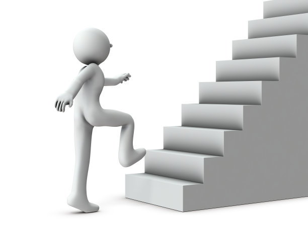开始上楼梯的人。这代表着一个新的挑战。白色背景。3 d演示。图片下载