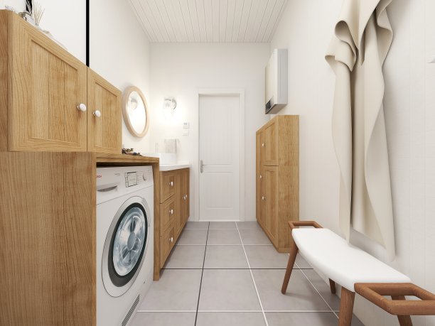 3D效果图，洁净现代住宅浴室及卫生间设计，配备盥洗台、卫生间、淋浴设备等。图片下载